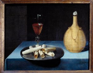 Stilleven met dessert van wafels, wijnfles en glas