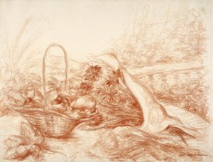 Stilleven met fruitmand en bloemenboeket door Luc Albert Moreau