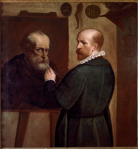 Zelfportret van de kunstenaar die het portret van zijn vader maakt door Luca Cambiaso