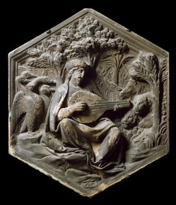 Allegorie van Muziek als Orpheus De dieren van het bos luisteren naar Orpheus die de luit speelt. Hoog reliëf door Luca della Robbia door Luca Della Robbia