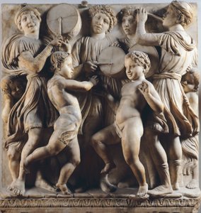 Kinderen en cherubijnen dansen, zingen en spelen, detail door Cantoria (koorgalerij)