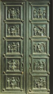 Italië, Florence, Kerk van Santa Maria del Fiore, Deur van de sacristie van missen (UNESCO Werelderfgoed) door Luca Della Robbia