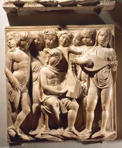 Laudate Eum in chordis et organo (Psalm 150, Laudate Dominum), paneel met jongens die zingen met orgel, harp en luit