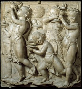 Paneel van de Cantoria of tribune van zangers: kind dat cymbalen speelt. Hoog marmeren reliëf door Luca della Robbia (ca. 1400-1482) 1431-1438