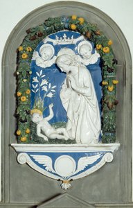 De Maagd die het Kind Aanbidt Hoog Reliëf door Luca della Robbia (1400-1482) 15e eeuw Heiligdom van Verna, Italië