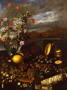Stilleven met gedroogd fruit, bloemen en landschap