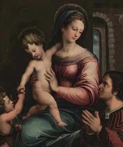 De Madonna en Kind met de jonge Sint Jan de Doper en een schenker door Luca Penni