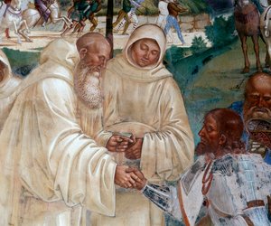 Benedictus verwelkomt Totila die zich kwam verontschuldigen (detail)