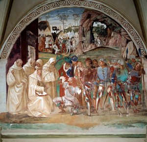 Benedictus ontmaskert de sluwheid van Totila, koning van de Goten, om zijn helderziendheid te testen