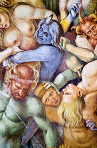 Verdoemden in de hel, detail met zelfportret van Luca Signorelli als blauwe demon