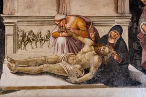 Het interieur, Kapel Nova of Kapel van St. Brizio, Kapel van de Heilige Lichamen: "Rouw om de dode Christus" tussen de twee heiligen van Orvieto (S. Parenzo rechts en S. Faustino links), door Luca Signorelli
