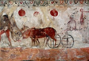 Een herder en twee ezels Lucaanse fresco uit de 4e eeuw v.Chr., uit de necropolis van Paestum, Italië. Museo nazionale archeologico, Paestum door Lucanian School