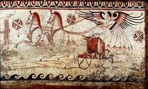 Een overwinning geleid door een tweespan Lucaanse fresco uit de 4e eeuw v.Chr., afkomstig uit de necropolis van Paestum, Italië. Museo nazionale archeologico, Paestum