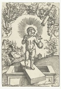 Christuskind als verlosser omringd door engelen met werktuigen van de passie door Lucas Cranach