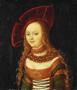 Portret van een jong meisje, halve lengte, gekleed in een groen en goud kostuum met een rode hoed