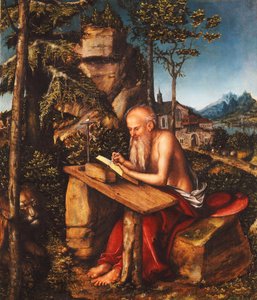 Sint Hiëronymus schrijvend in een rotsachtig landschap, ca. 1515
