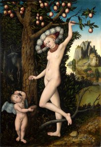 German: Amor beklagt sich bei Venus Cupid Complaining to Venus door Lucas Cranach the Elder