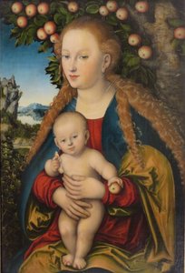 Duits: Madonna und Kind unter dem Apfelbaum Madonna en kind onder de appelboom / De maagd en het kind onder een appelboom door Lucas Cranach the Elder