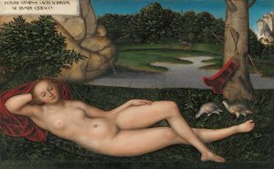 Duits:  Quellnymphe De nimf bij de fontein door Lucas Cranach the Elder