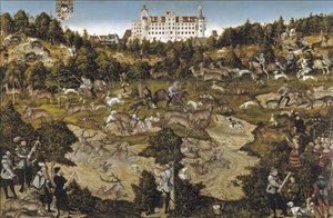 Jacht ter ere van keizer Karel V in kasteel Torgau door Lucas Cranach the Elder