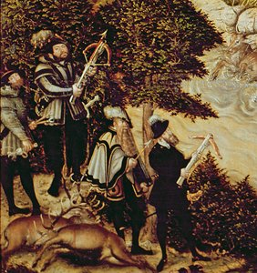 Johann Friedrich de Grootmoedige, keurvorst van Saksen en keizer Karel V die herten jagen nabij Hartenfels Kasteel, Torgau, 1544 (detail) door Lucas Cranach the Elder