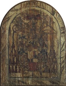 Pfirtscher altaarstuk: Christus als Man van Smarten, gezeten op een sarcofaag tussen de Maagd en Johannes [middenpaneel] door Lucas Cranach the Elder