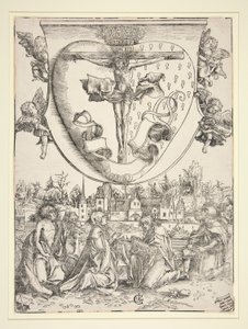 De Maagd, Sint Jan, Sint Laurentius en Sint Rochus met de wapens van het Heilig Hart door Lucas Cranach the Elder