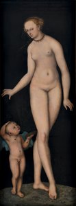 Venus met Amor als honingdief voor zwarte achtergrond door Lucas Cranach the Elder