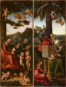 Duits: Heilige Familie von Engel umgeben amp; Erziehung der Jungfrau Maria (linker und rechter Flügel eines Marienaltares) De Heilige Familie omringd door engelen amp; Opvoeding van de Maagd Maria [linker- en rechtervleugel van een Maria-altaar].