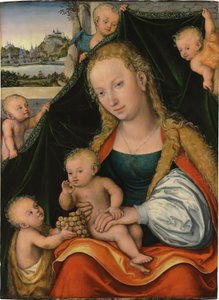Duits: Madonna und Kind mit dem Johannesknaben und Engeln De Maagd en het Kind met het Kind Johannes de Doper en Engelen door Lucas Cranach the Younger