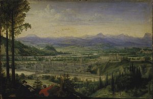 Uitzicht op Linz met kunstenaar die tekent op de voorgrond, 1593 door Lucas Valckenborch van