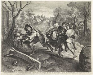 Vechtende boeren na een kaartspel