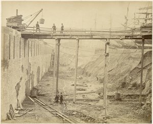 Bouw van het uitgebreide Limehouse Basin, Londen, mei 1869 door Lucas and Tuck