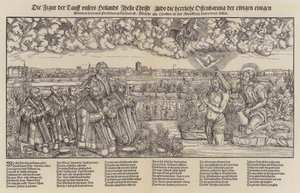 Frederik III, keurvorst van Saksen en Maarten Luther getuigen de doop van Christus (gravure) door Lucas the Elder (after) Cranach