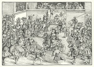 Het toernooi met het wandtapijt van Simson en de leeuw (gravure) door Lucas the Elder (after) Cranach