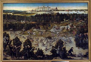 Jacht ter ere van Karel V in het kasteel van Torgau in Duitsland door Lucas the Elder Cranach