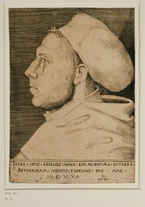 Maarten Luther met dokterspet. Gravure ... (gravure) door Lucas the Elder Cranach