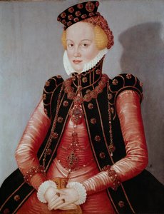 Portret van een jonge vrouw rijkelijk gekleed, met hoed en juwelen door Lucas the Elder Cranach
