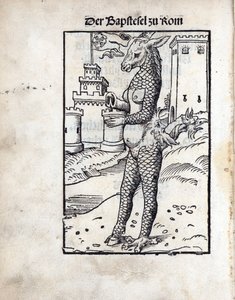 De Bapstesel zu Rom (De Paapse Ezel of De Pauselijke Ezel van Rome), door Lucas Cranach de Oude (1472-1553). Houtsnede door Lucas the Elder Cranach