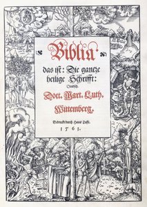 Titelpagina, met een fijne picturale rand uit "Biblia, das ist: Die gantze heilige Schrifft: Deudsch", vertaald door Martin Luther, 1560-1561 door Lucas the Younger Cranach
