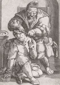 17e-eeuwse barbier-chirurg die het oor van een patiënt behandelt door Lucas van (after) Leyden