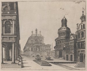 Hoek van een paleis met zuilengang en rond gebouw door Lucas van Doetechum and Johannes