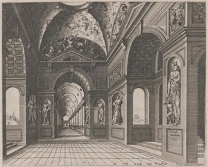 Interieur van een Kruisgewelfde Hal Versierd met Grotesken