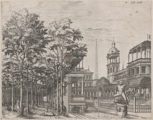 Landschap met Bomen, Twee Herten en een Paleistuin door Lucas van Doetechum and Johannes
