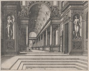 Uitzicht in een Kerk met Korinthische Zuilen en Beelden van Apollo, Melpomene en Mozes