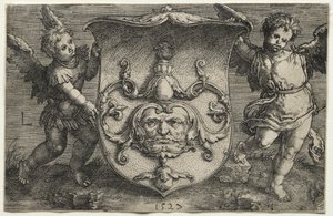 Een Schild met een Masker Ondersteund door Twee Genii