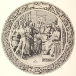 Christus voor Annas, uit de Circulaire Passie, 1509 door Lucas van Leyden