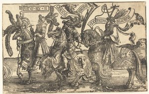 De helden Koning Arthur, Karel de Grote en Godfried van Bouillon door Lucas van Leyden