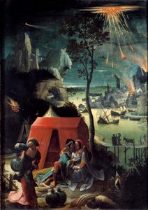 Lot en zijn dochters Lot omringt zijn twee dochters, toevlucht in de bergen om te ontsnappen aan de vernietiging van Sodom. Naakte meisjes bedwelmen hun vader. Schilderij door Lucas van Leyden (Lucas Hugensz of Lucas Jacobsz) (1494-1533)