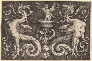 Ornament met Twee Sfinxen en een Gevleugelde Man door Lucas van Leyden